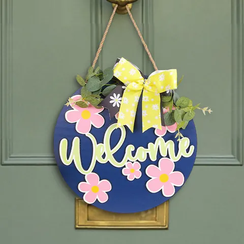 Rustic Wooden Welcome Door Sign Hanging Wreath With Artificial Greenery Fabric Bow Hello Spring Bicycle Floral Wood Plaque For Farmhouse Home Decor