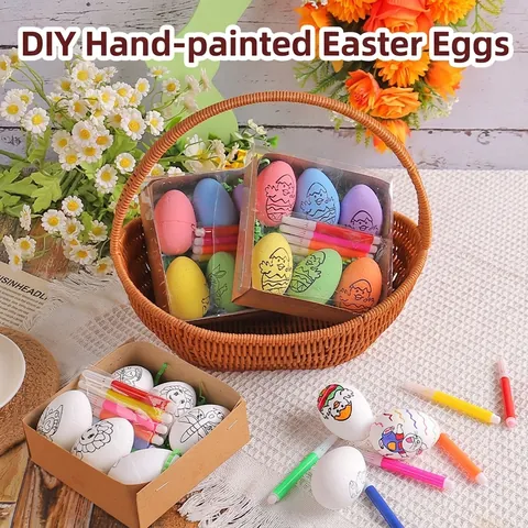 Easter DIY Hand-Painted Eggs Set Cartoon Bunny Chick Butterfly Patterns 6 Eggs and Markers Kit Educational Craft Gift For Kids Decor