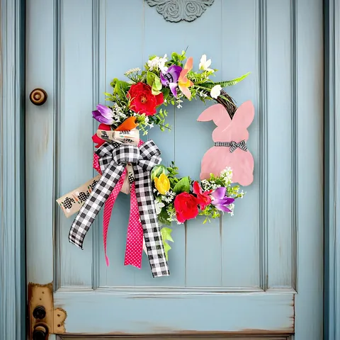 Easter Bunny Wood Sign Rattan Wreath Artificial Flower Garland Decoration With Polyester Ribbon For Front Door Home Decor