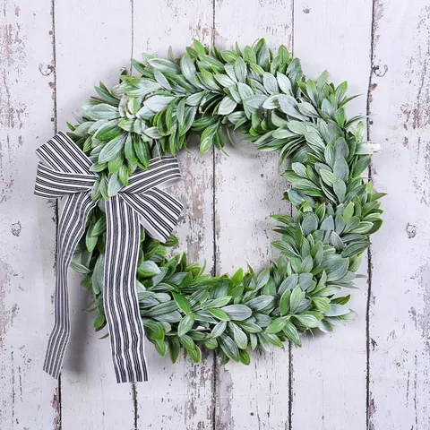 Artificial Lamb's Ear Wreath With Black And White Striped Bow Classic Green Leaf Hanging Wreath For Front Door Window Home Decor
