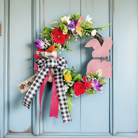 Easter Bunny Wood Sign Rattan Wreath Artificial Flower Garland Decoration With Polyester Ribbon For Front Door Home Decor