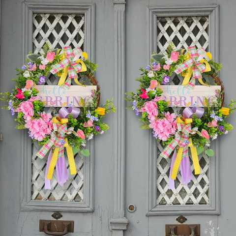 Spring Dead Branch Wooden Sign Wreath Colored Ribbon Bow Simulation Flowers Hydrangea Tulip Front Door Wall Hanging Home Decor
