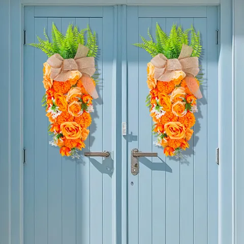 Pasen Wortel Hangende Krans Kunstmatige Rozenbloem Swag Decoratie Met Jute Strik Voor Buitendeur Tuin Home Decor