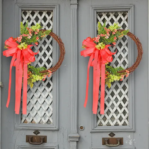 Natural Rattan Wreath with Large Red Satin Bow Long Streamers Artificial Greenery Flowers for Front Door Outdoor Garden Party Decor