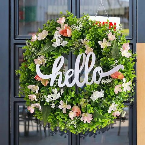 Artificial Eucalyptus Wreath With Hello Sign Pink White Flowers Farmhouse Front Door Decoration Spring Greenery Decor