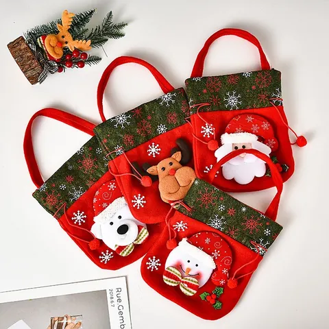 3D Cartoon Christmas Gift Bags With Drawstring Santa Claus Snowman Reindeer Bear Doll Brushed Polyester Candy Bags Xmas Party
