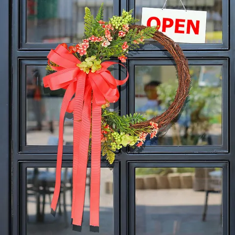 Natural Rattan Wreath with Large Red Satin Bow Long Streamers Artificial Greenery Flowers for Front Door Outdoor Garden Party Decor