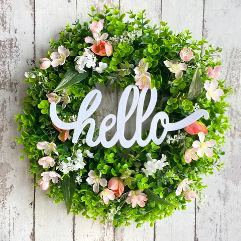 Artificial Eucalyptus Wreath With Hello Sign Pink White Flowers Farmhouse Front Door Decoration Spring Greenery Decor