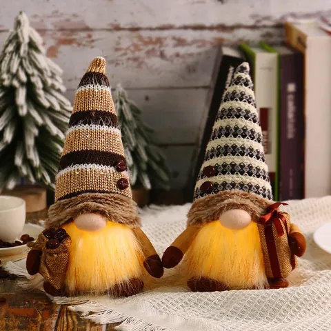 Coffee Theme LED Glowing Christmas Gnome Faceless Doll Knitted Hat Forest Old Man Rudolph Plush Ornament Holiday Home Decor