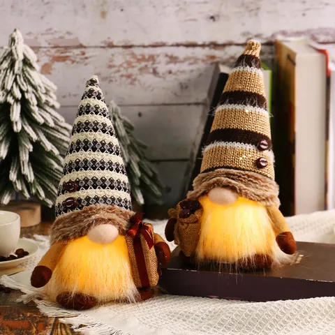 Coffee Theme LED Glowing Christmas Gnome Faceless Doll Knitted Hat Forest Old Man Rudolph Plush Ornament Holiday Home Decor
