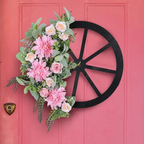 Spring Pink Floral Wheel Wreath For Front Door Outdoor Garden Decoration Faux Dahlia Rose Eucalyptus Leaf Farmhouse Rustic Wood Garland