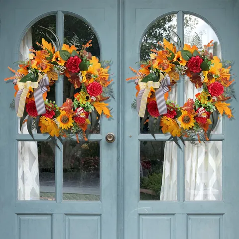 Thanksgiving Wreath Harvest Maple Leaf Sunflower Bowknot Rattan Base Garland For Front Door Autumn Home Wall Decoration