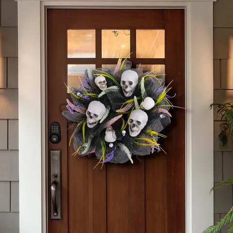Halloween Black Mesh Skull Wreath Gothic Horror Skeleton Head Wreath with Purple Grass for Party Home Front Door Hanging Decor Prop