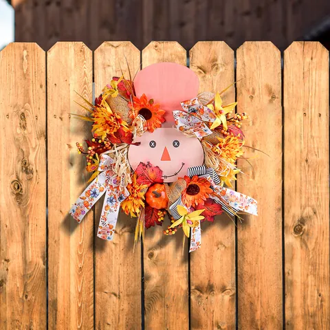 Harvest Festival Scarecrow Wooden Wreath Thanksgiving Halloween Party Decoration Sunflower Maple Leaf Pumpkin Door Hanging