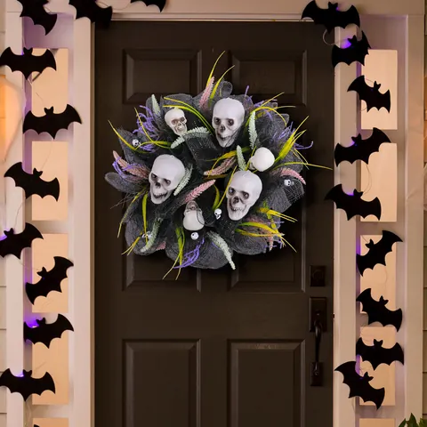 Halloween Black Mesh Skull Wreath Gothic Horror Skeleton Head Wreath with Purple Grass for Party Home Front Door Hanging Decor Prop
