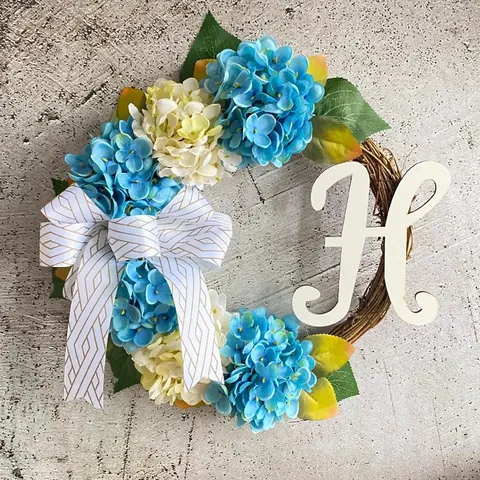 Artificial Blue White Hydrangea Wreath With Bow And Letter H Natural Branch Base For Home Wedding Wall Decor