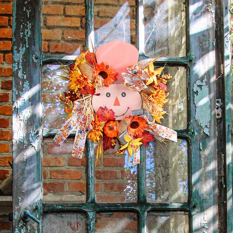 Harvest Festival Scarecrow Wooden Wreath Thanksgiving Halloween Party Decoration Sunflower Maple Leaf Pumpkin Door Hanging