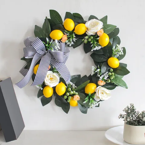 Artificial Lemon Wreath With Black White Striped Bowknot Yellow Lemon Fake Roses Green Leaves Door Hanging Decoration For Outdoor Yard Home Farmhouse Decor