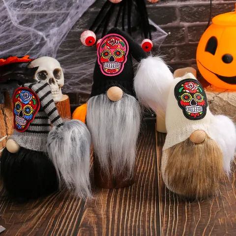 Halloween Skeleton Skull Gnome Faceless Doll Plush Beard Ornament Knitted Hat Figurines For Party Decor Home Table Decoration