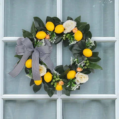 Artificial Lemon Wreath With Black White Striped Bowknot Yellow Lemon Fake Roses Green Leaves Door Hanging Decoration For Outdoor Yard Home Farmhouse Decor