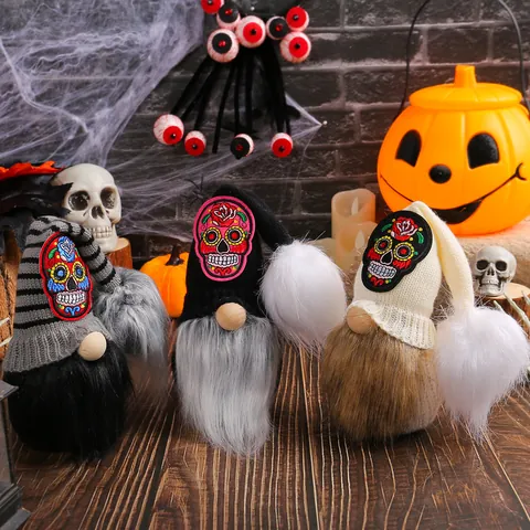 Halloween Skeleton Skull Gnome Faceless Doll Plush Beard Ornament Knitted Hat Figurines For Party Decor Home Table Decoration