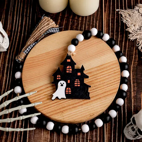 Halloween Wood Bead Garland Tassels Ghost Castle Pumpkin Witch Hanging Ornament Festive Home Party Wall Decor