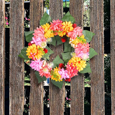 Artificial Thanksgiving Autumn Wreath Yellow Orange Pink Daisy Flower Wreath With Berries Green Leaves Home Yard Farmhouse Decoration