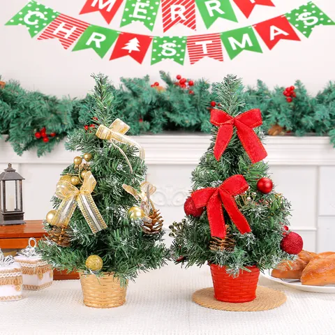 Mini Desktop Christmas Tree Ornament Potted Pine Tree With Bows Pine Cones Glitters Artificial Plant For Home Table Holiday Decor