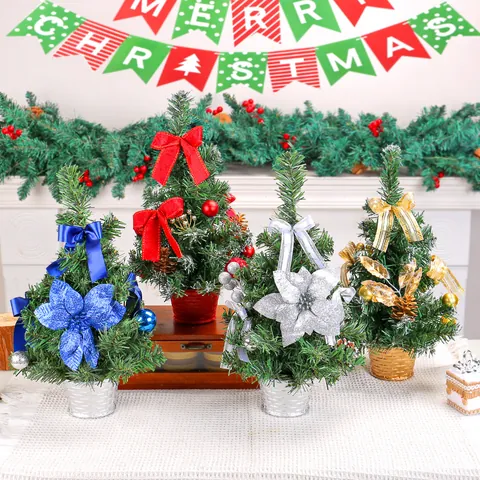 Mini Desktop Christmas Tree Ornament Potted Pine Tree With Bows Pine Cones Glitters Artificial Plant For Home Table Holiday Decor