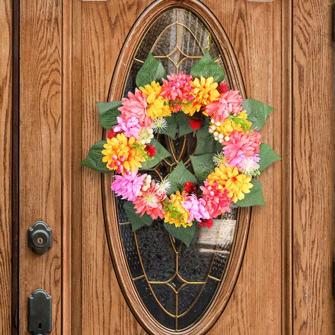 Artificial Thanksgiving Autumn Wreath Yellow Orange Pink Daisy Flower Wreath With Berries Green Leaves Home Yard Farmhouse Decoration