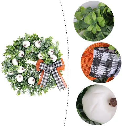 Fall Harvest Thanksgiving Wreath With White Pumpkins And Bowknot For Front Door Decor Artificial Green Leaf Wreath For Home Wall Hanging