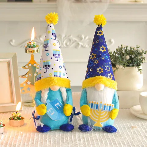 Handmade Hanukkah Gnome Decorations Star of David Menorah Scandinavian Rudolf Blue White Plush Jewish Holiday Table Home Decor