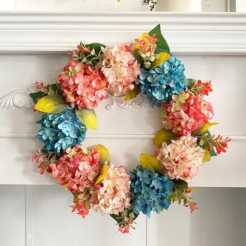 Blue Pink Hydrangea Wreath Artificial Silk Flower Garland Festival Window Door Hanging Decor Home Photography Props