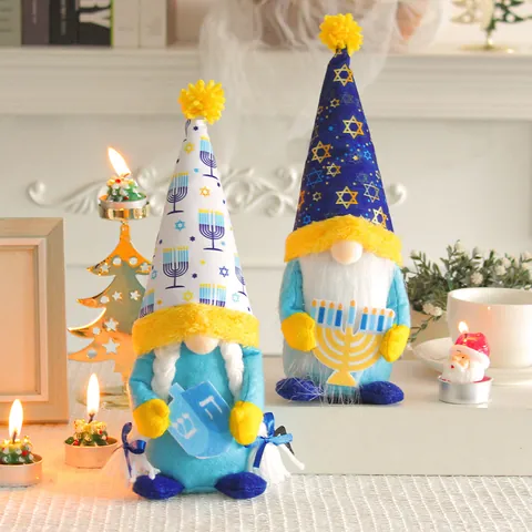 Handmade Hanukkah Gnome Decorations Star of David Menorah Scandinavian Rudolf Blue White Plush Jewish Holiday Table Home Decor