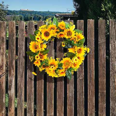 Couronne de Tournesols Artificiels pour Porte d'Entrée Décoration Murale Style Pastoral Plastique Polyester Guirlande Florale