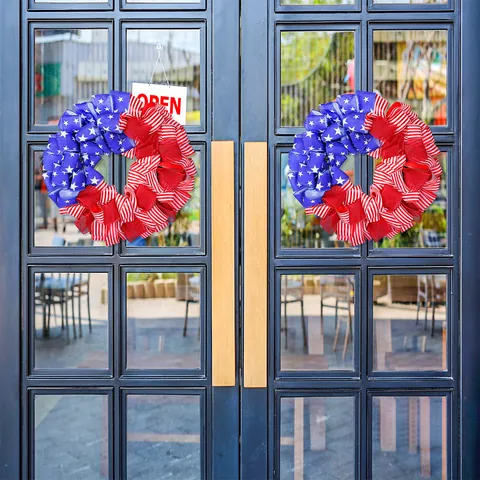 Independence Day Patriotic Wreath Red White Blue Stars And Stripes Ribbon Bow Wreath For Front Door Window Party Decor