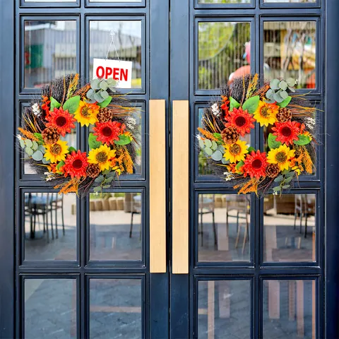Artificial Sunflower Pine Cone Wreath For Front Door Fall Harvest Autumn Floral Decoration Outdoor Home Garden Wall Hanging