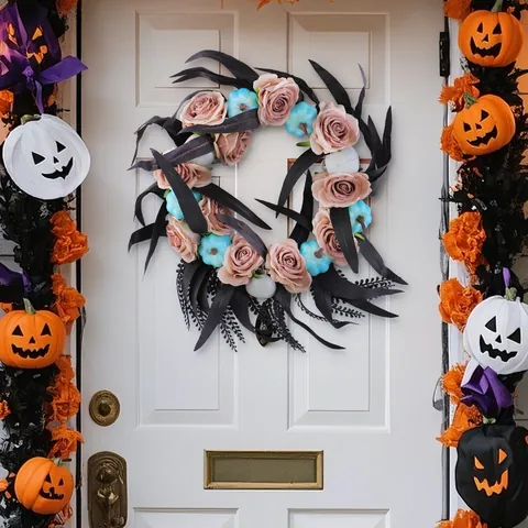 Halloween Wreath With Pumpkin Skull Rose Gothic Artificial Flower Garland Door Wall Hanging For Party Home Decor Wreath