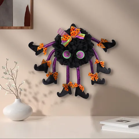 Ghirlanda per Porta a Forma di Ragno con Molte Gambe Halloween Con Stivali da Strega Fiocchi a Pois Decorazione da Appendere per Casa