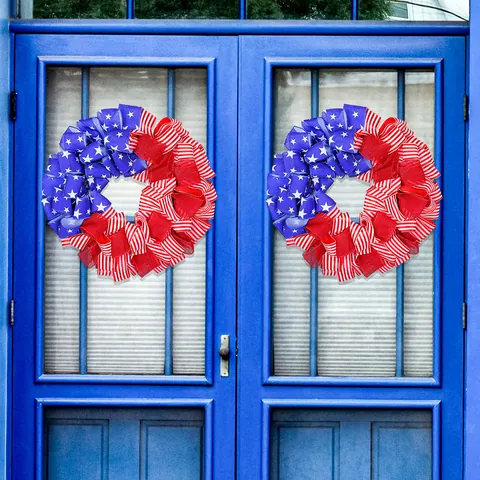 Independence Day Patriotic Wreath Red White Blue Stars And Stripes Ribbon Bow Wreath For Front Door Window Party Decor