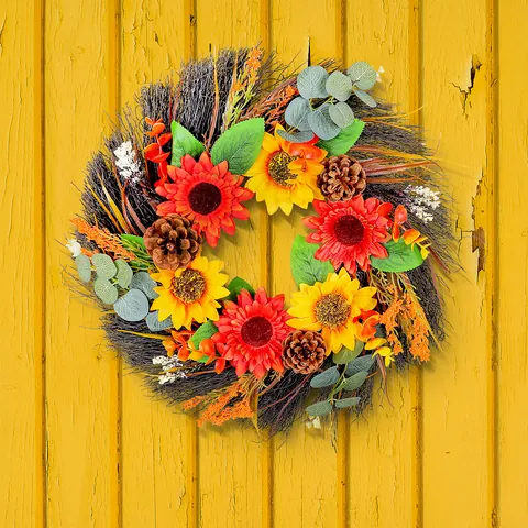 Artificial Sunflower Pine Cone Wreath For Front Door Fall Harvest Autumn Floral Decoration Outdoor Home Garden Wall Hanging