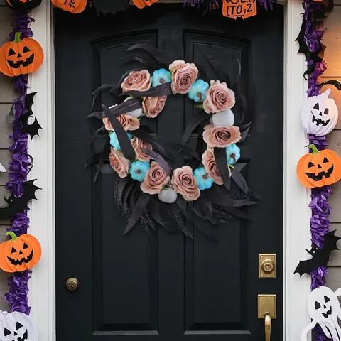 Halloween Wreath With Pumpkin Skull Rose Gothic Artificial Flower Garland Door Wall Hanging For Party Home Decor Wreath