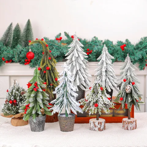 Mini Tabletop Artificial Christmas Tree Decoration For Home Office Desk Festive Party Ornament With Red Berries Pine Cones Snowy Effect