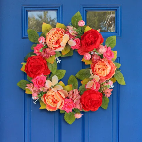 Künstlicher Pfingstrosenkranz Rot Rosa Satin Seide Blumenkranz Türbehang Wanddekoration Für Hochzeit Zuhause Party Dekoration