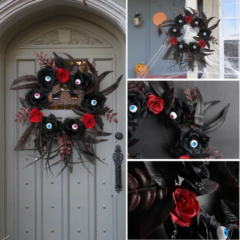 Halloween Kunstmatige Roos Oogbol Krans Gothic Horror Zwart Rood Roos Slinger Voor Voordeur Bar Feest Griezelig Huis Decor Hangend Ornament