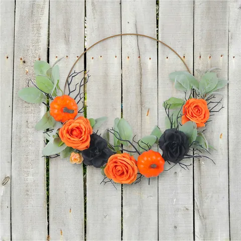 Halloween Simulation Eisen Kunst Kürbis Rose Kranz Künstliche Orange Schwarz Florale Wandbehang Für Zuhause Fenster Deko Geschenk