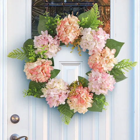 Handmade Artificial Hydrangea Wreath Pastoral Silk Flower Door Wreath With Green Leaves For Wall Window Wedding Home Decor