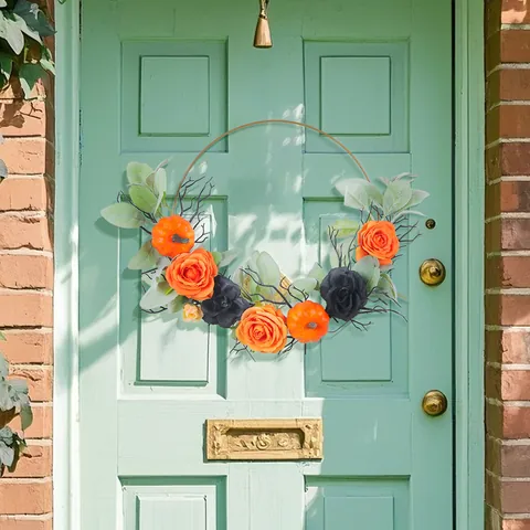 Halloween Simulation Eisen Kunst Kürbis Rose Kranz Künstliche Orange Schwarz Florale Wandbehang Für Zuhause Fenster Deko Geschenk