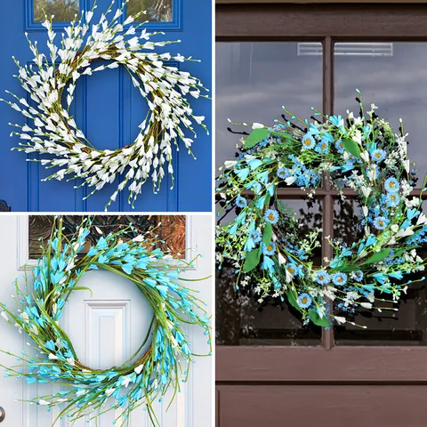 Guirnalda de Bayas Artificial Con Base de Vid Rústica Flores de Margarita Azules Blancas Para Puerta Pared Jardín Hogar