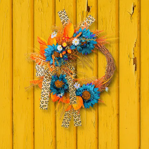Blue Sunflower Artificial Wreath with Leopard Ribbon Autumn Maple Leaves for Front Door Wall Hanging Home Decor